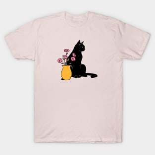 Playful Black Cat in pink T-Shirt